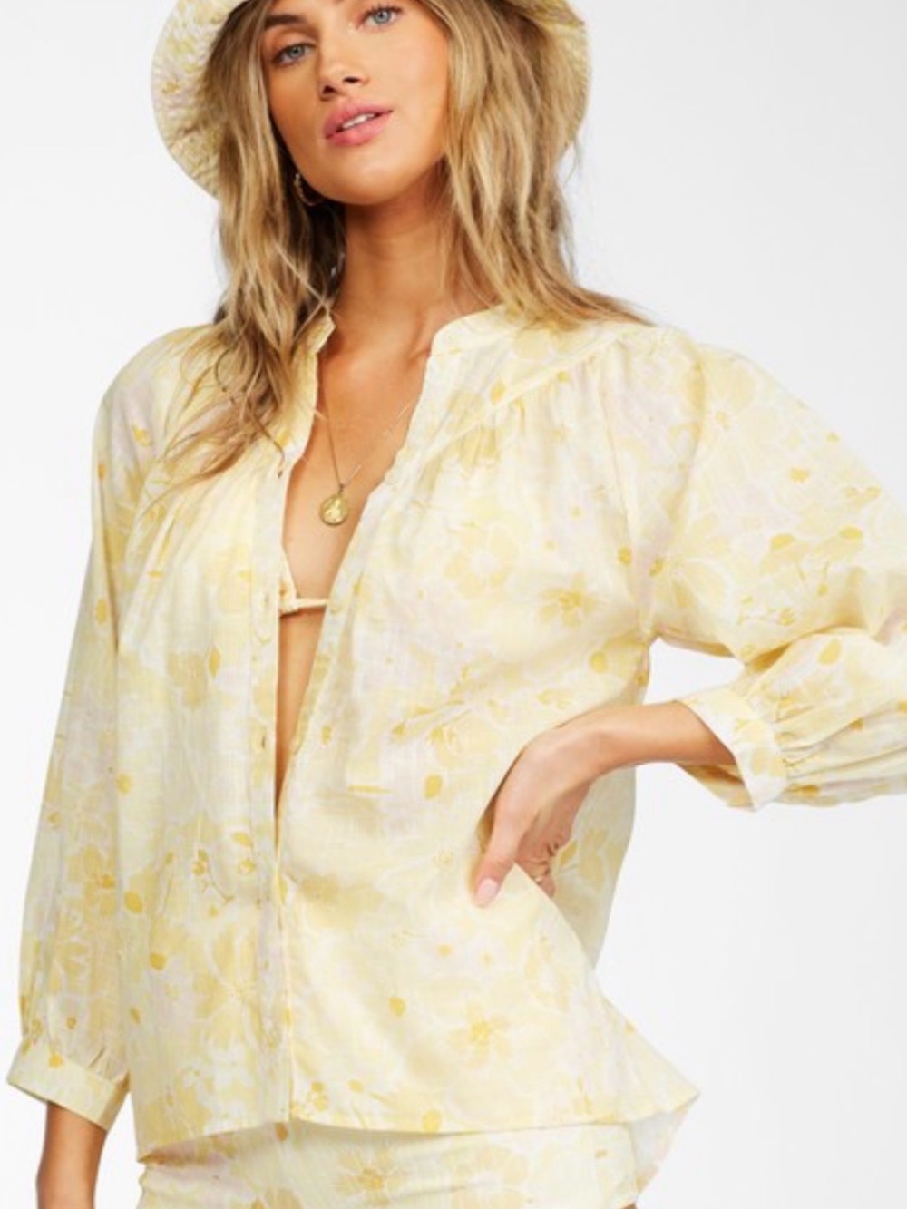 Billabong Pale Yellow & White Cotton Floral Shirt - Picture 1 of 12